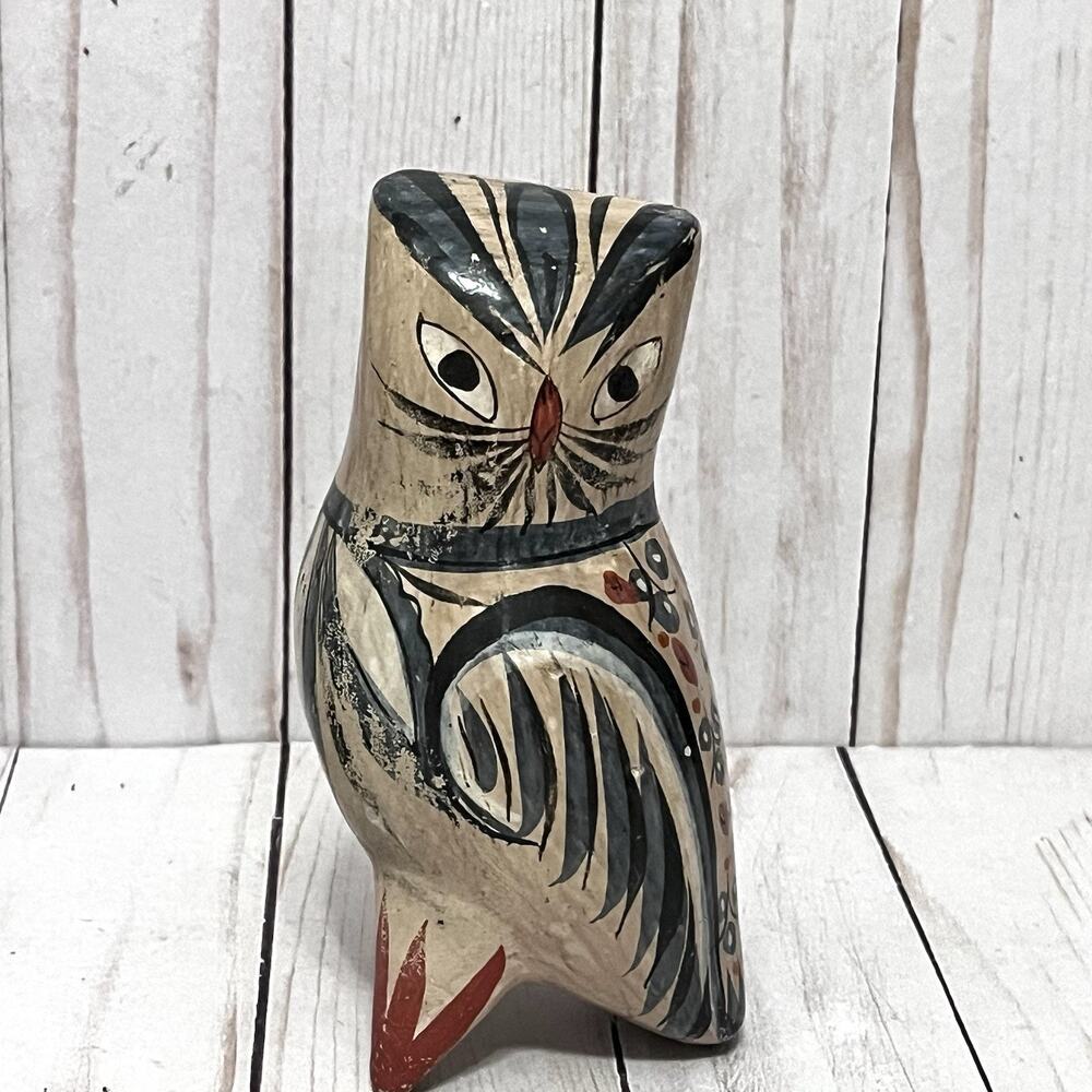 MCM Vintage Tonala Mexican Folk Art Owl Figurine Hand Painted Pottery